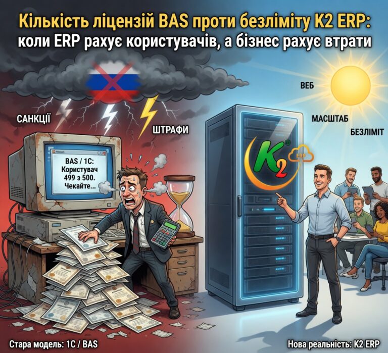 Кількість ліцензій BAS проти безліміту K2 ERP: коли ERP рахує користувачів, а бізнес рахує втрати