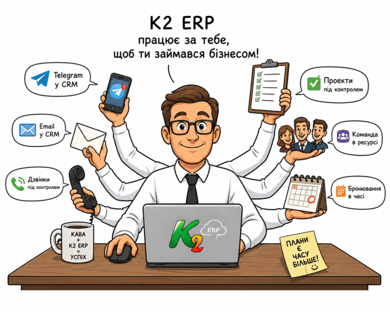 Нові модулі K2 ERP: Telegram CRM, Email CRM, K2 Chat, K2 Projects, K2 HR, K2 LMS та управління послугами в часі